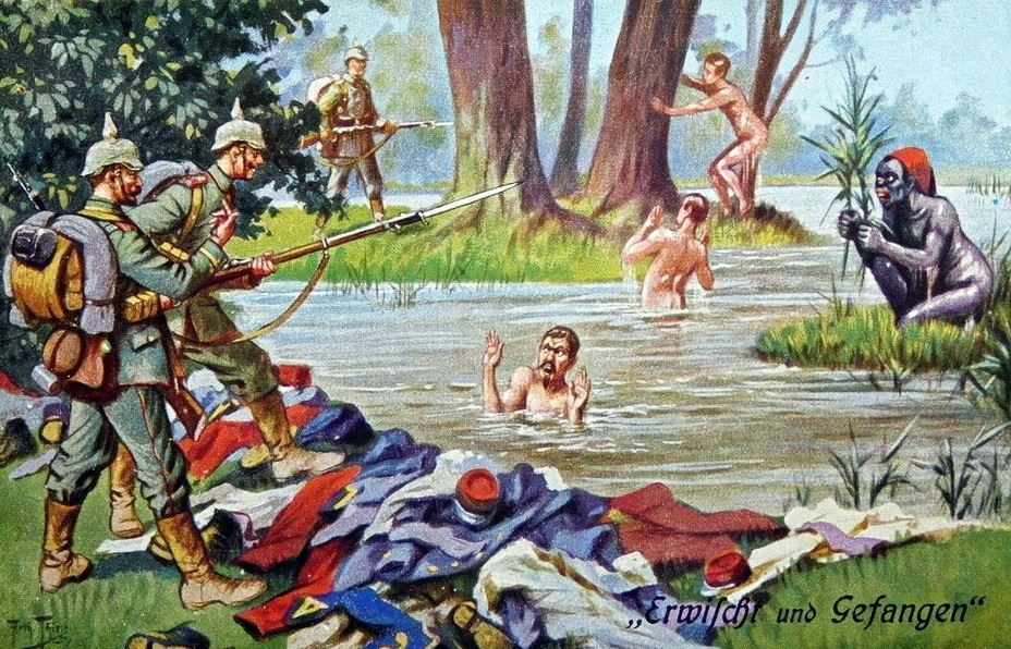 Застигнутые во время купания французы и солдат колониальной сенегальской пехоты, Первая мировая война. Автор Артур Тиле.
