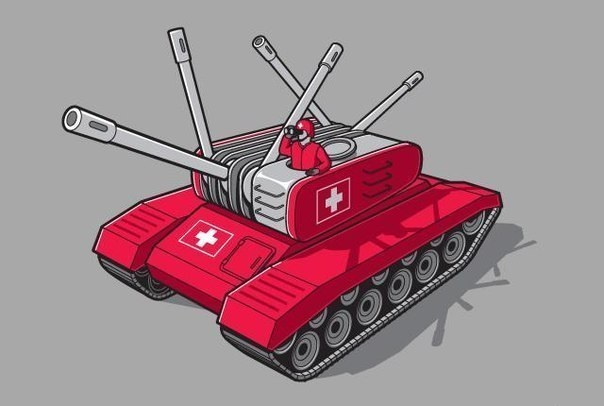 Сатирическое изображение, представляющее швейцарскую школу танкостроения с отсылкой к многофункциональному швейцарскому ножу.