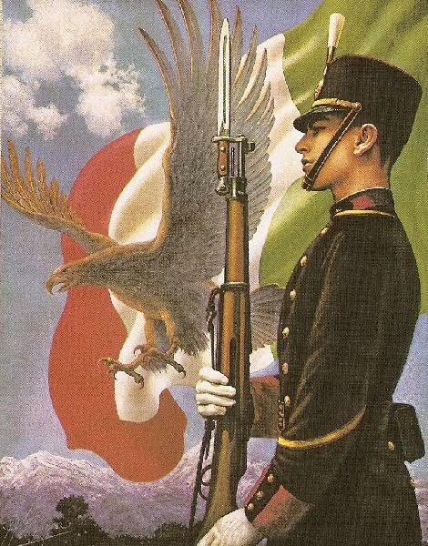 Плакат, на котором изображен курсант Героической Военной Академии на фоне мексиканского флага и вылетающего из него орла.