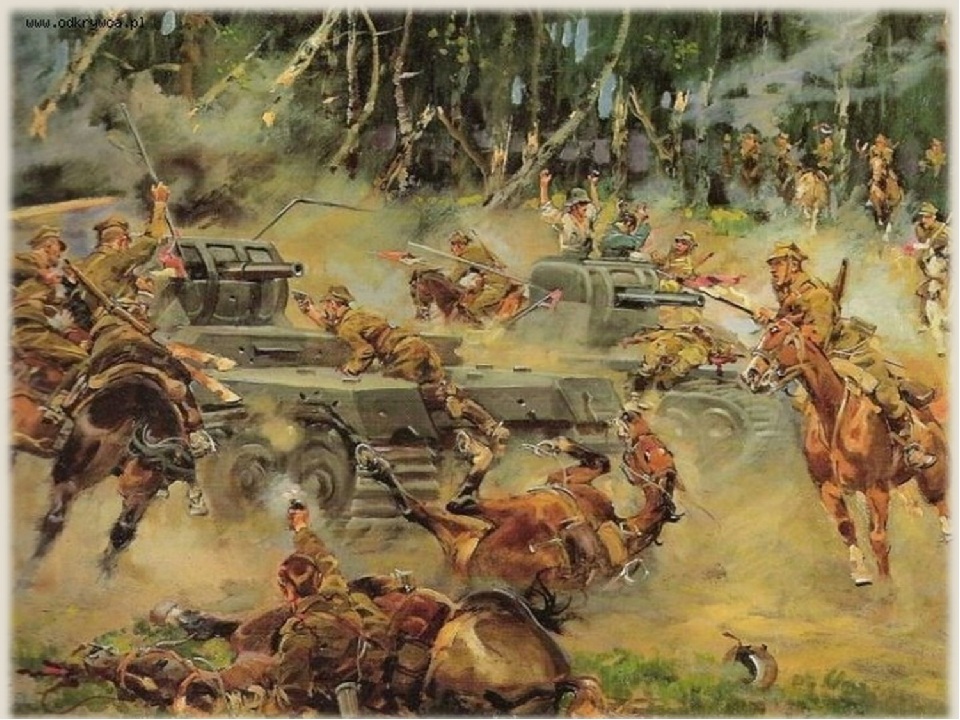 Битва под Кутно, во время которой польская кавалерия якобы атаковала немецкие танки, 1939 г. Автор картины Ежи Коссак.