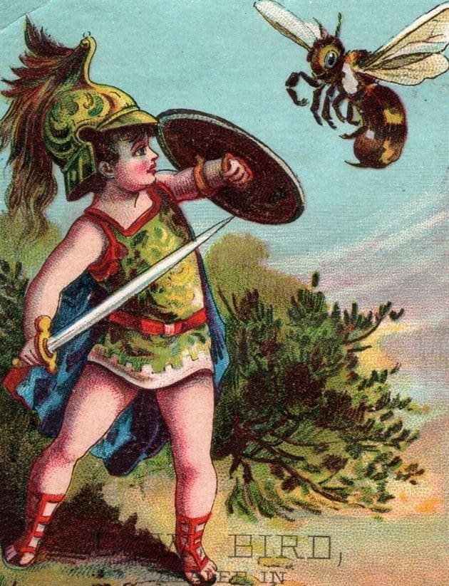 Открытка-аллегория, на которой мальчик в костюме римского легионера отбивается от гигантской пчёлы, 1880-е гг.