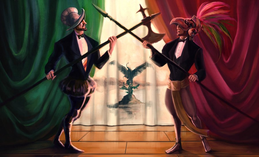 Символическое изображение начального этапа военной истории Мексики на фоне драпировок в цветах мексиканского флага.