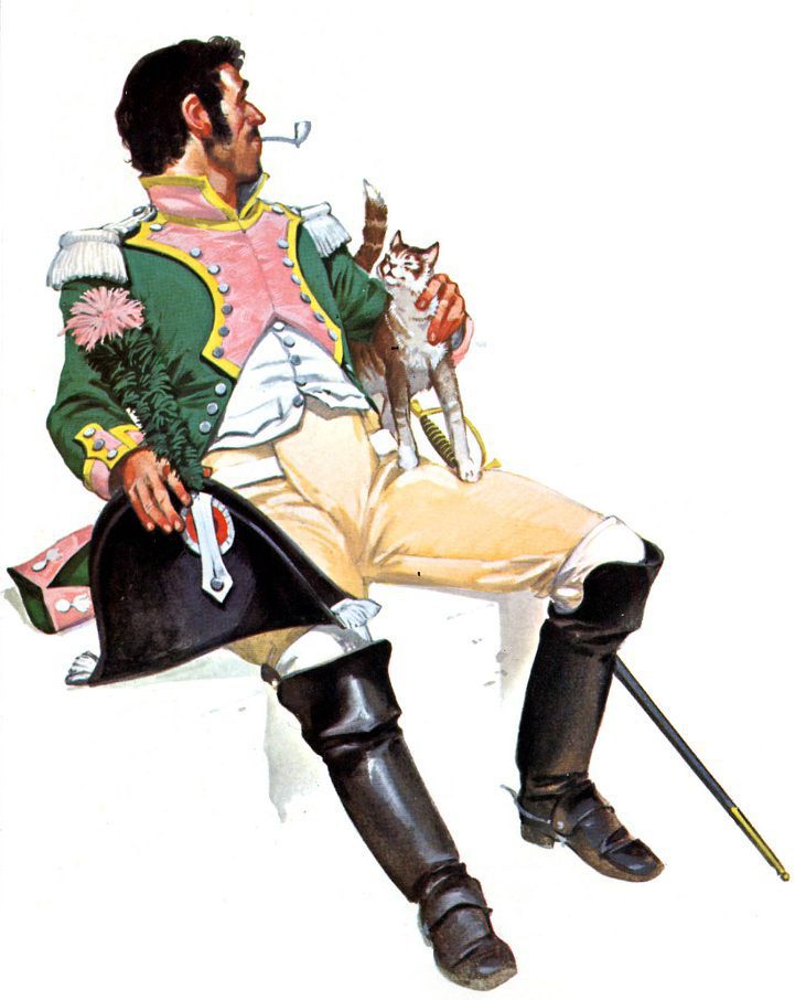 Музыкант 16-го драгунского полка в парадной форме гладит кота, 1810 г.
