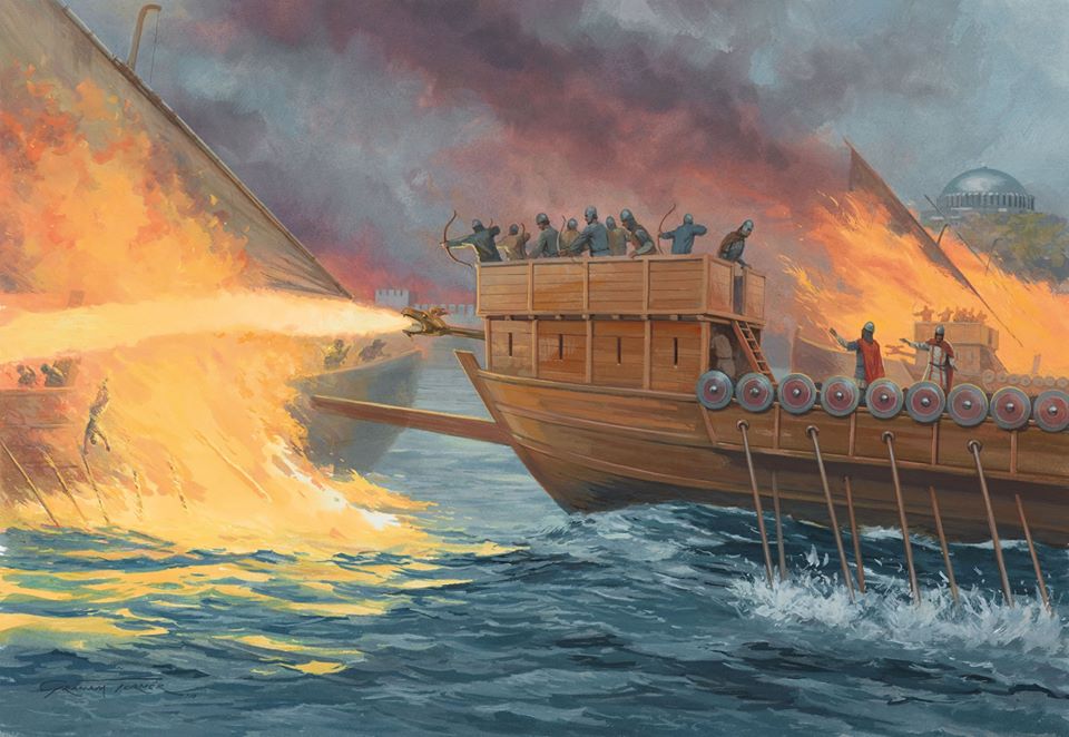 Византийский флот сжигает греческим огнем корабли Омейядского халифата во время обороны Константинополя, 3 сентября 717 г.
