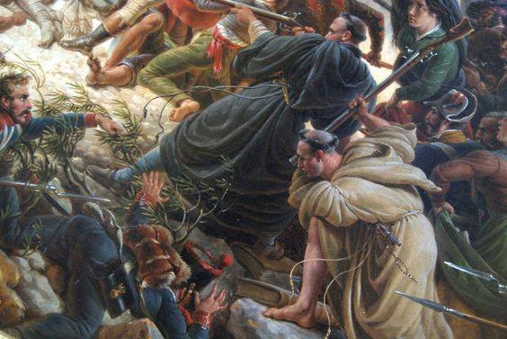 Католические монахи отбиваются от французских солдат во время битвы при Бургосе, Испания, 1808 г. Фрагмент картины Луи-Франсуа Лежена.