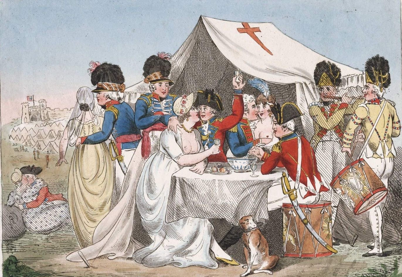 Разукрашенная гравюра "жены и подруги винздоров" или "Любовь в лагере", обличающая моральные пороки британских солдат, 1800 г.