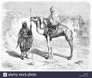 Old illustration of Tuareg men in the desert, Sahara, Algeria. Created by Hadamard after photo of Puig, published on Le Tour du Monde, Paris, 1861.jpg