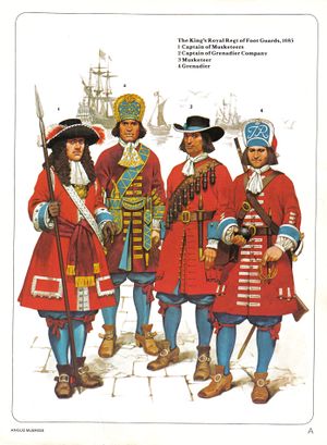 1685 год, 1 Капитан Мушкетеров, 2 Капитан Гренадеров, 3 Мушкетер, 4 Гренадер.jpg