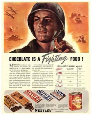 Шоколад - это боевая пища». Рекламно-пропагандистский плакат компании «Nestle». ВМВ. США. 1940 г..jpg