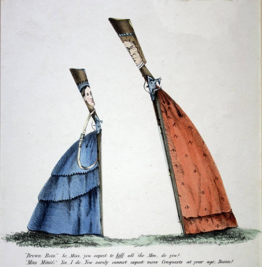 Карикатура, на которой обыгрываются названия мушкетов XIX века "Браун Бесс" (справа) и "Мисс Минье", которые были созвучны с женскими именами.