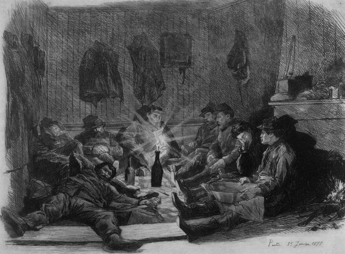 Французские солдаты сидят вокруг горящей свечи в Пантене во время осады Парижа, франко-прусская война, 15 января 1871 г. Автор Огюст Андре Лансон.