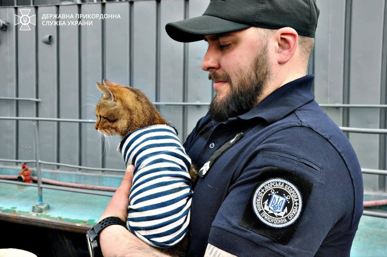 Солдат морской охраны с котом в тельняшке, Одесская область, июль 2022 г.