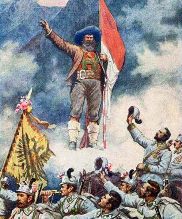 Андреас Гофер является солдатам-тирольцам Австро-Венгерской армии, открытка времён Первой мировой войны. Знамя и кепи тирольцев украшены цветами.