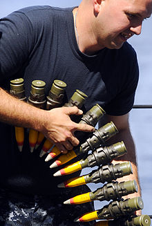 220px-US Navy 090529-N-5345W-126 Gunner's Mate 2nd Class Michael Miller downloads an ammo belt from an MK 38 25mm gun.jpg