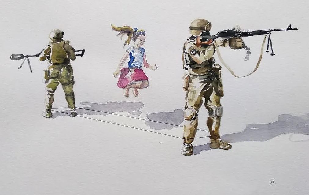 Два воина ВСУ держат на ногах резинку, через которую прыгает девочка, весна 2022 г. Автор Юрий Шаповал.