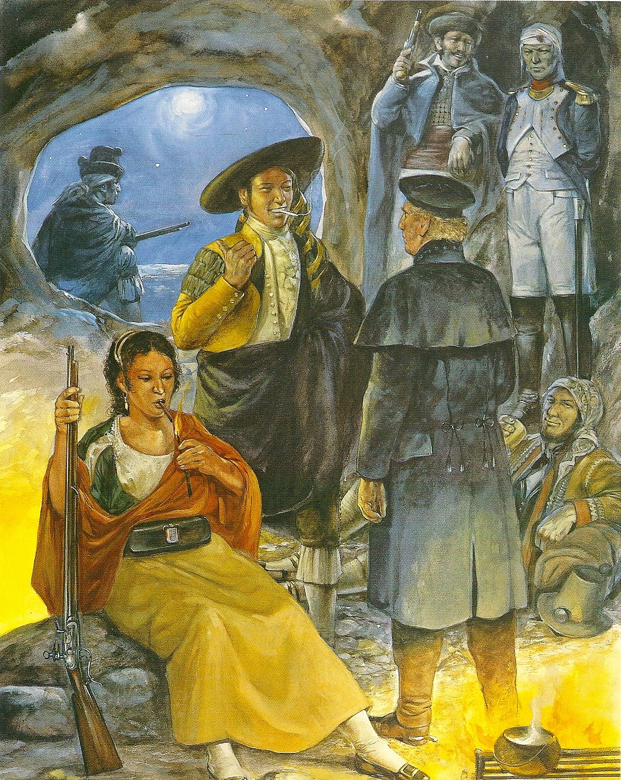 Гверильясы прячутся в пещере, где в качестве источника света выступает костёр, Испания, 1809 - 1813 гг. Женщина-партизанка также с помощью огня подкуривает сигарету.