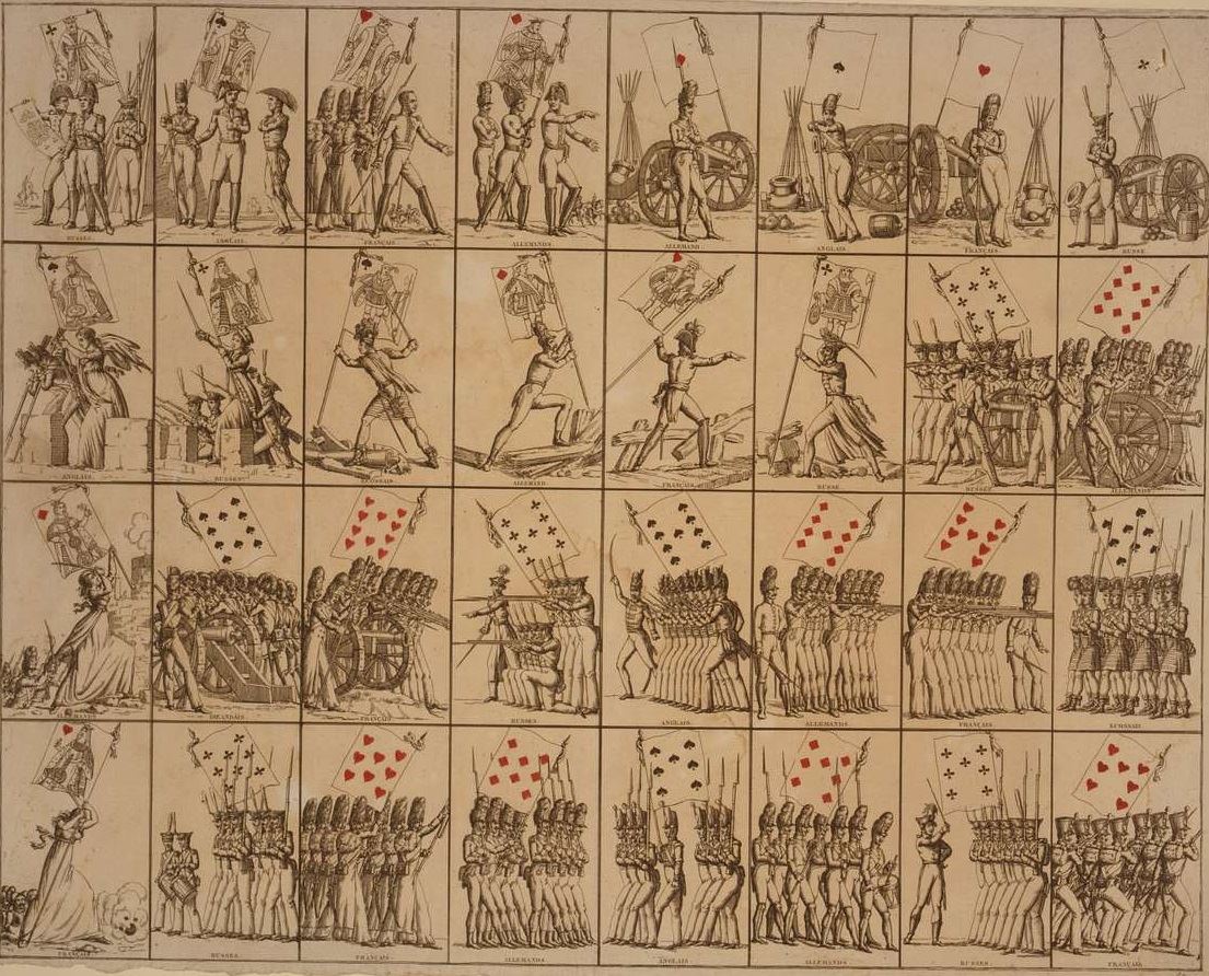 Лист с игральными картами, на которых изображены солдаты XIX века со знаменами в виде тех или иных карт.