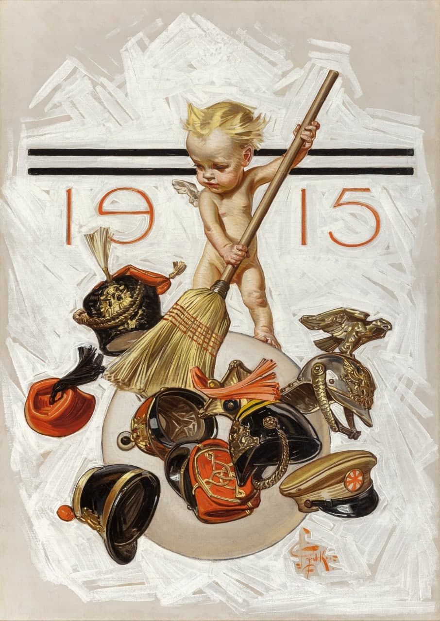 Ребенок сметает метлой с земного шара военные головные уборы стран-участниц Первой мировой войны, 1915 г. Автор Джозеф Кристиан.