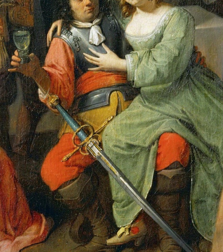 Женщина обнимает солдата на фрагменте работы "Страдания крестьян или Мародёрства" кисти Давида Рейкарта, 1649 г.