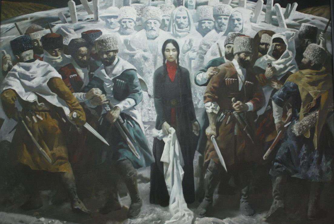 Картина, демонстрирующая кавказскую традицию, согласно которой девушке достаточно было снять платок, чтобы остановить вражду, поскольку после этого стороны стыдливо поникали, прекращая битву.