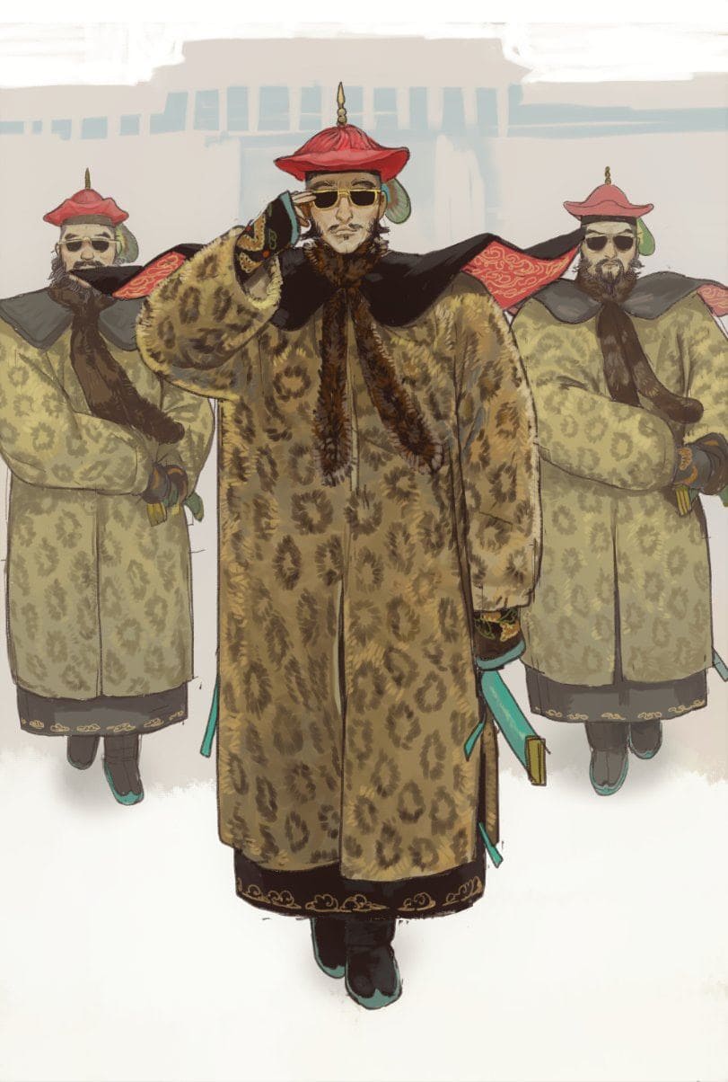 Китайские чиновники династии Цин в леопардовых шубах.