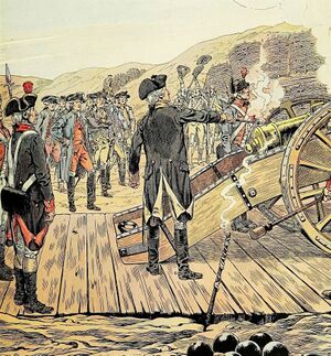 Джордж Вашингтон делает первый залп из 6-фунтовой пушки во время осады Йорктауна, 28 или 29 сентября 1781 г.jpg
