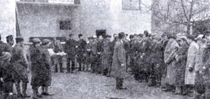 Огляд інструктором для вишколу на плаці Хустського коша групи добровольців, які зголосились до Карпатської Січі.jpg
