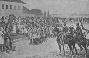 Жевуський (зліва) в Красносілці під час Листопадового повстання 1831 р. Feliks Szewczyk.gif