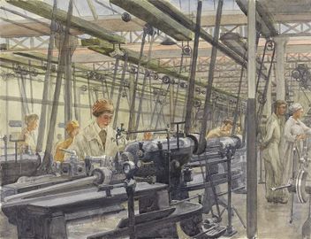 1280px-Queen Mary's Army Auxiliary Corps Mechanics in the Engine Repair Shop, Rouen Area - worker Weston in foreground Art.IWMART2899.jpg