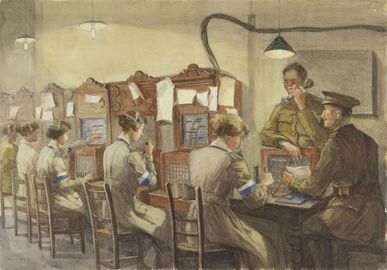 Queen Mary's Army Auxiliary Corps Signallers, Base Hill, Rouen - Telephones. Forewoman Milnes and Captain Pope. Art.IWMART2900.jpg
