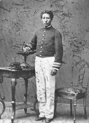 Sergeant 1st Class Peruvian Leonidas Cornejo, of a line battalion in 1880, with uniform according to 1873 regulations, similar to the one used by Zepita No.29.jpg