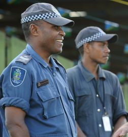 Trooper Trevor Kingston chats to Emmanuel Maepurina from the Royal Solomon Island Police force, prior to the Solomon Islands 32nd Independence Anniversary at Lawson Tama Stadium which Exercise Boss Lift attended..jpg