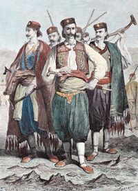 Guards of the Prince of Montenegro Nikola I Petrovic-Njegos, life drawing by Theodore Valerio (1819-1879), from Montenegro.jpg