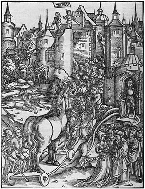 Einzug des trojanischen Pferdes, Holzschnitt aus Vergilii Opera, Strassburg, Grüninger 1502 fol. CLXIIII v.jpg