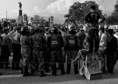 Police & Boy. Rally, Ratna Park. (B&W).jpg