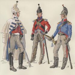 Миланская рота 1809 Генри Буасселье 3 в походгой форме, офицер, гвардеец и трубач.jpg