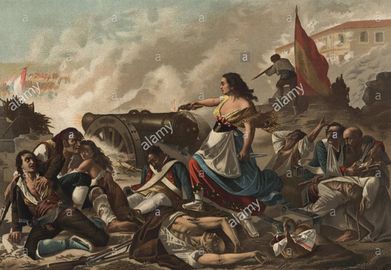 Historia-espaa-guerra-de-la-independencia-agustina-de-aragn-1786-1857-disparando-un-can-contra-el-ejrcito-francs-durante-el-sitio-de-zaragoza-grabado-de-1896-P89D53.jpg
