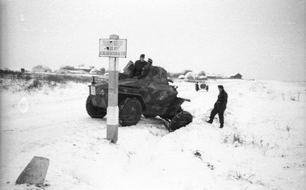 Armoured car, military, winter, Hungarian brand, accident, camouflage pattern, road signs Fortepan 29008.jpg