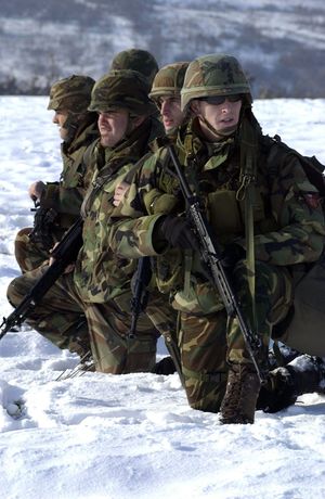 Italian Lagunari armed with 5.56mm Beretta SC7090 rifles wait in deep snow to be extracted from the Heritage Drop Zone near Klina, Kosovo, after an airborne assault, 2003.jpg