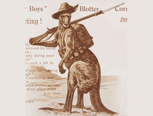 Антропоморфный кенгуру в военном снаряжении — символ австралийской армии в Первой мировой войне.jpg