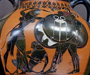 Геракл сражается с Герионом (на земле умирающий Эвритион). Аттическая чернофигурная вазопись. Ок. 540 г. до н. э. Лувр.jpg