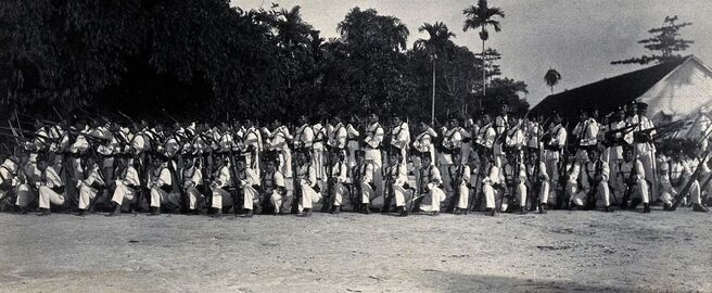 Sarawak; a line-up of armed Sarawak Rangers. Photograph. Wellcome V0037401.jpg
