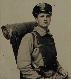 Unidentified soldier in Confederate uniform of the 11th Virginia regiment with knapsack and bedroll LCCN2011645302.jpg